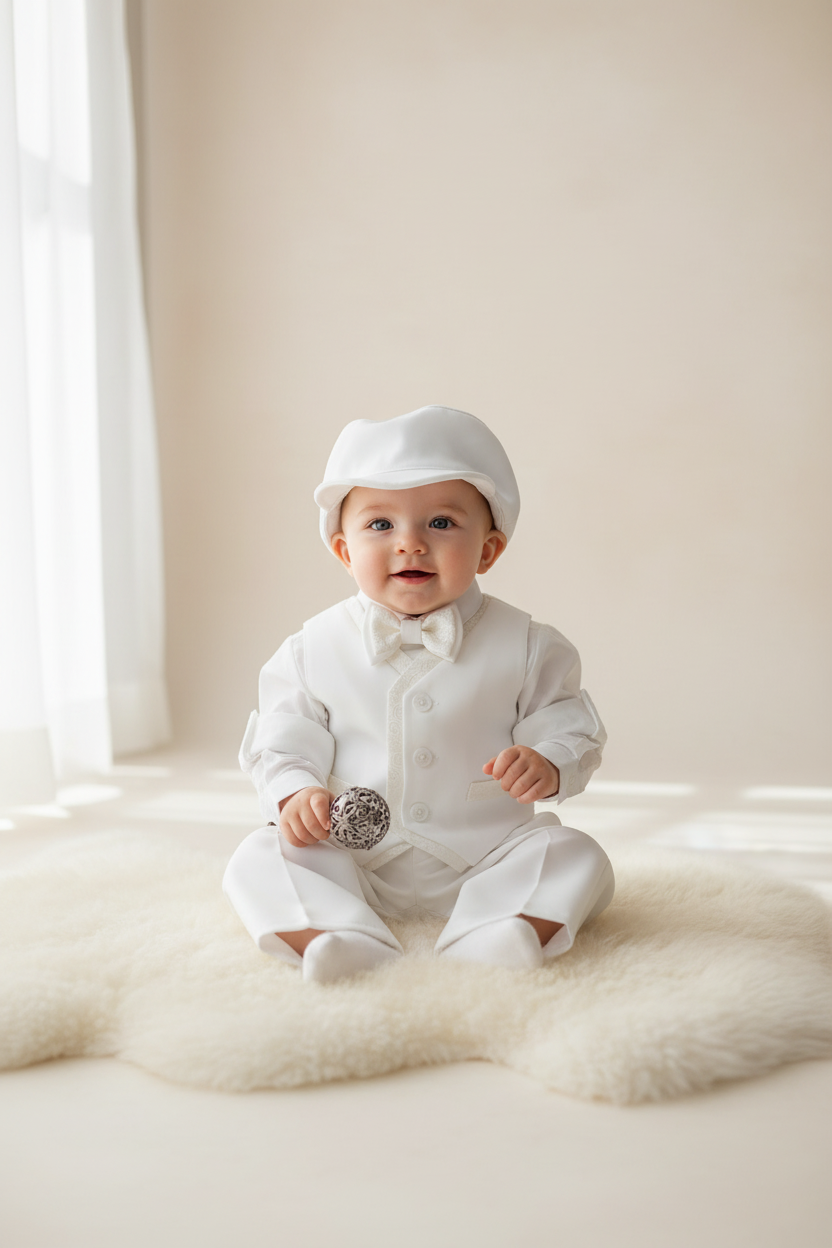 Baby in a white christening outfit with a hat sitting on a white surface