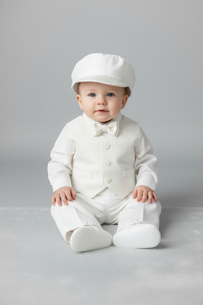Baby in a white christening outfit with a hat on a gray background