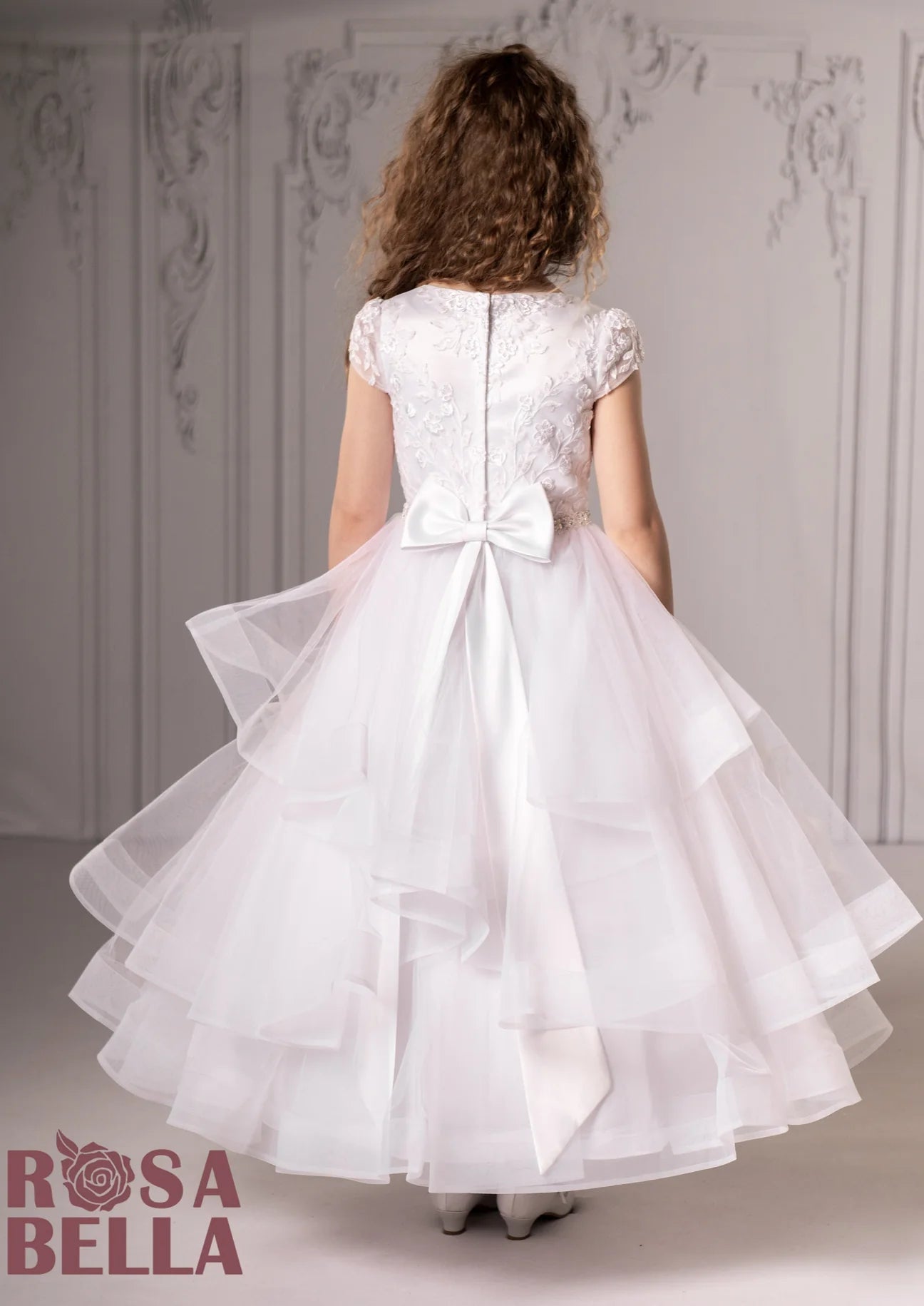  Back Rosabella Short Sleeve Lace Tiered Tulle communion dress