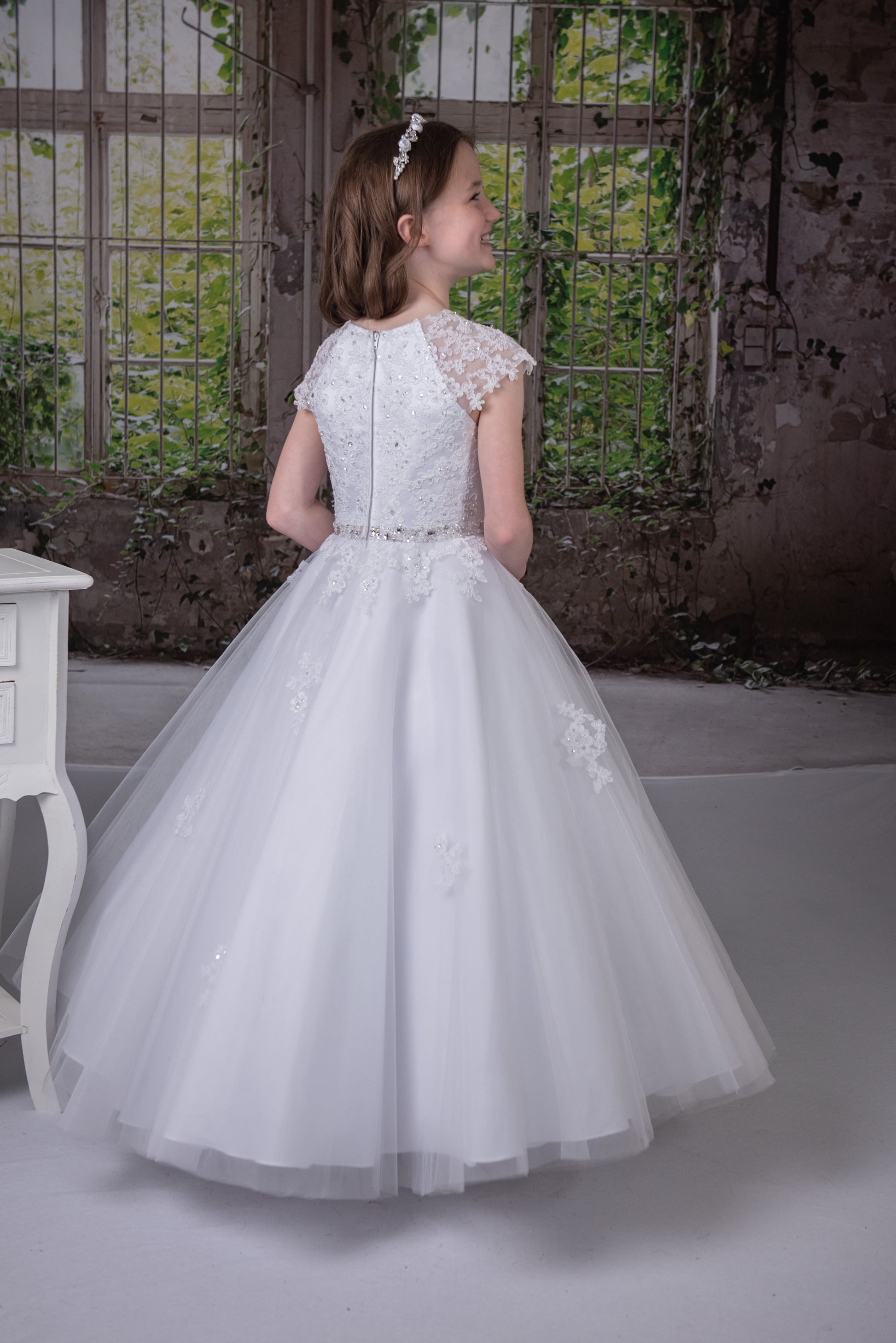 Back Sweetie Pie Communion Dress short sleeve floral
