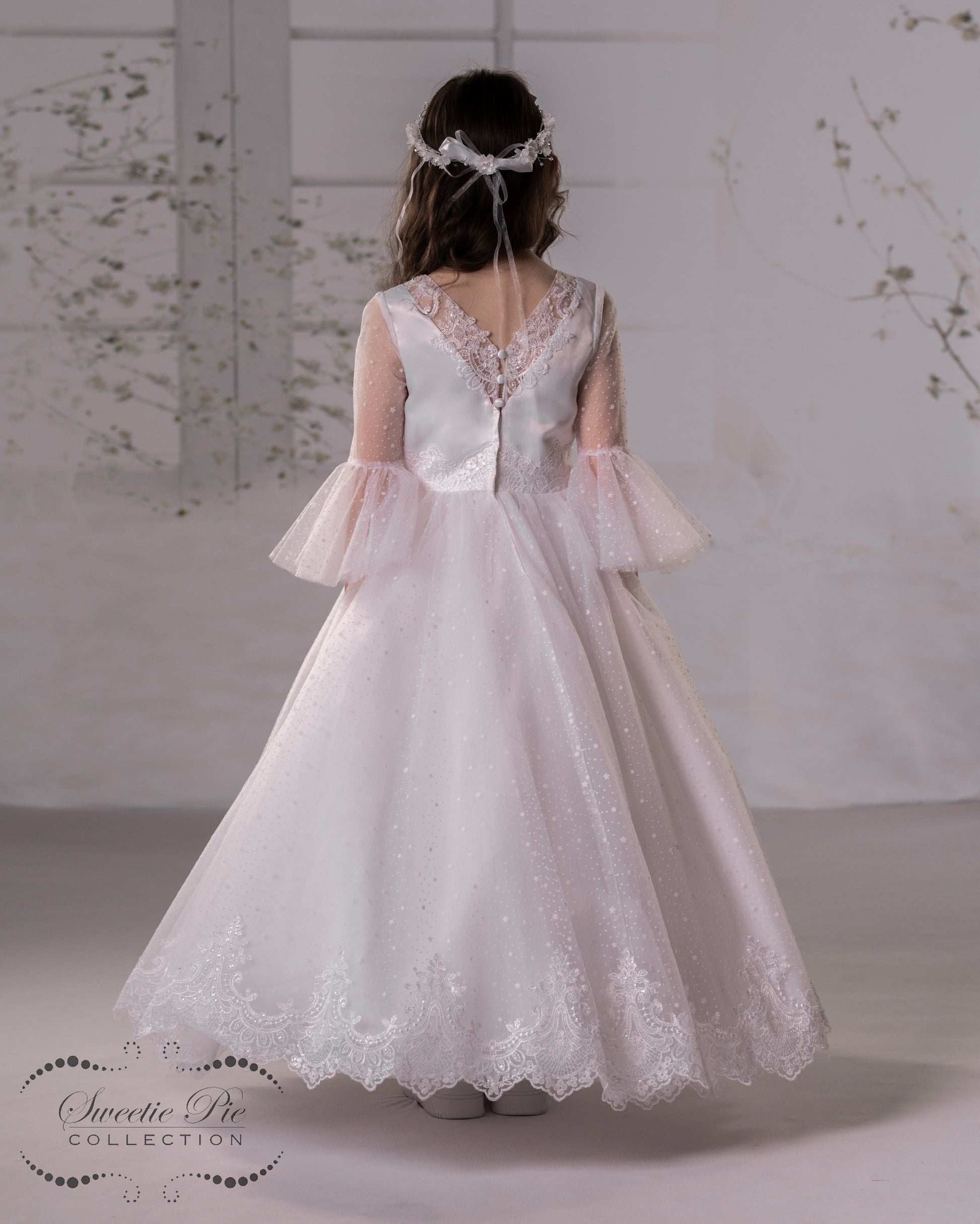 Back Sweetie Pie Communion Dress with arm tulle sleeve