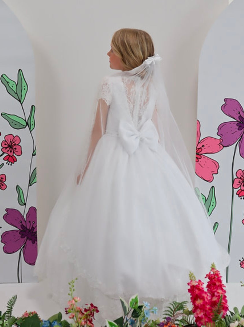 Back Sweetie Pie communion dress lace satin tulle cap sleeve