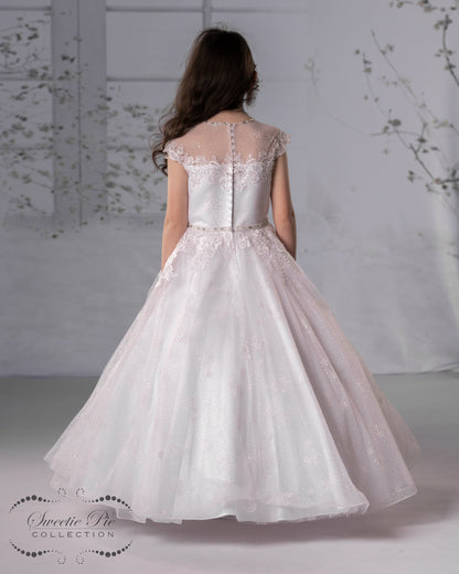 Back Sweetie Pie communion dress with lace illusion bodice