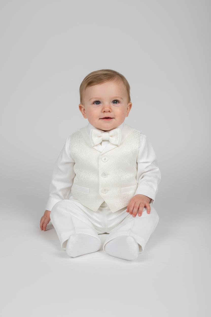 Baby wearing a white suit with a bow tie on a light gray background