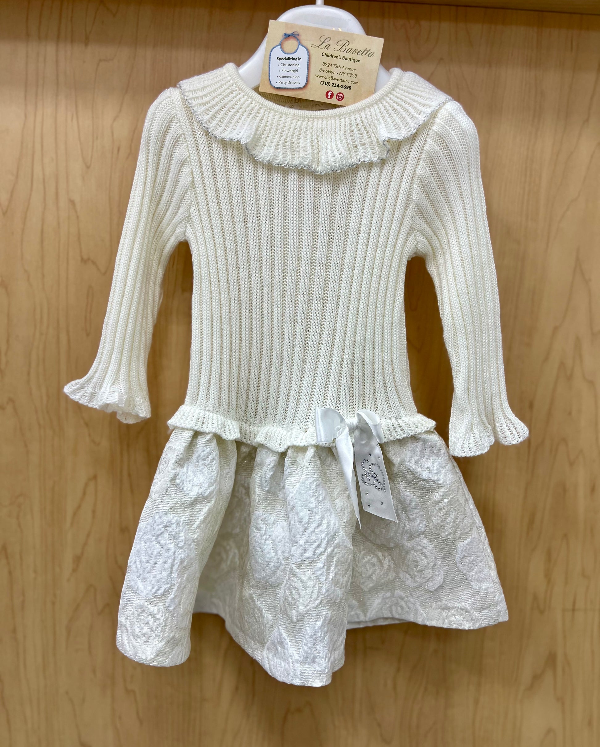 Bimbalo girls outfit ivory knit brocaded dress