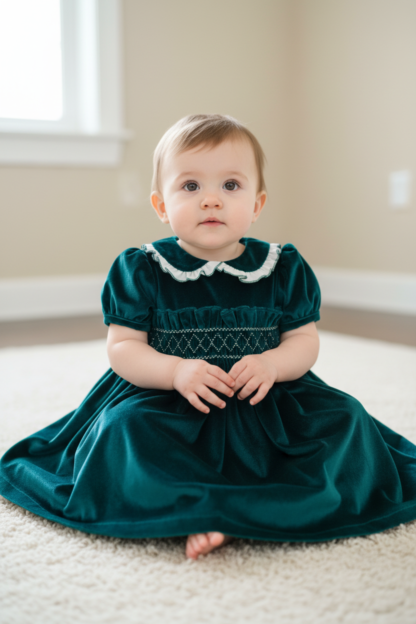 Bimbalo velvet emerald green baby girls dress