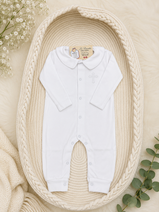 Baby Boy Christening Romper with Cross Embroidery
