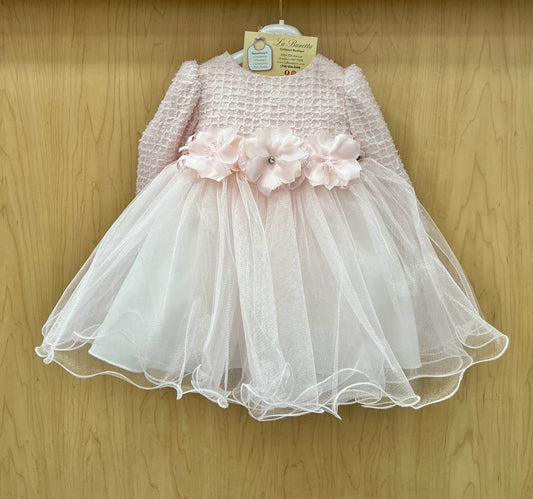 Pink long sleeves dress with flowers on waist