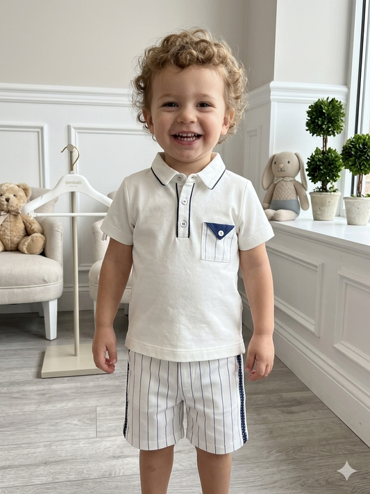 Nautical White Polo & Pinstripe Shorts Set