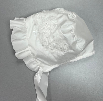 Girls' Christening Gown Set with 3D Floral Appliqués, Sequins & Matching Bonnet