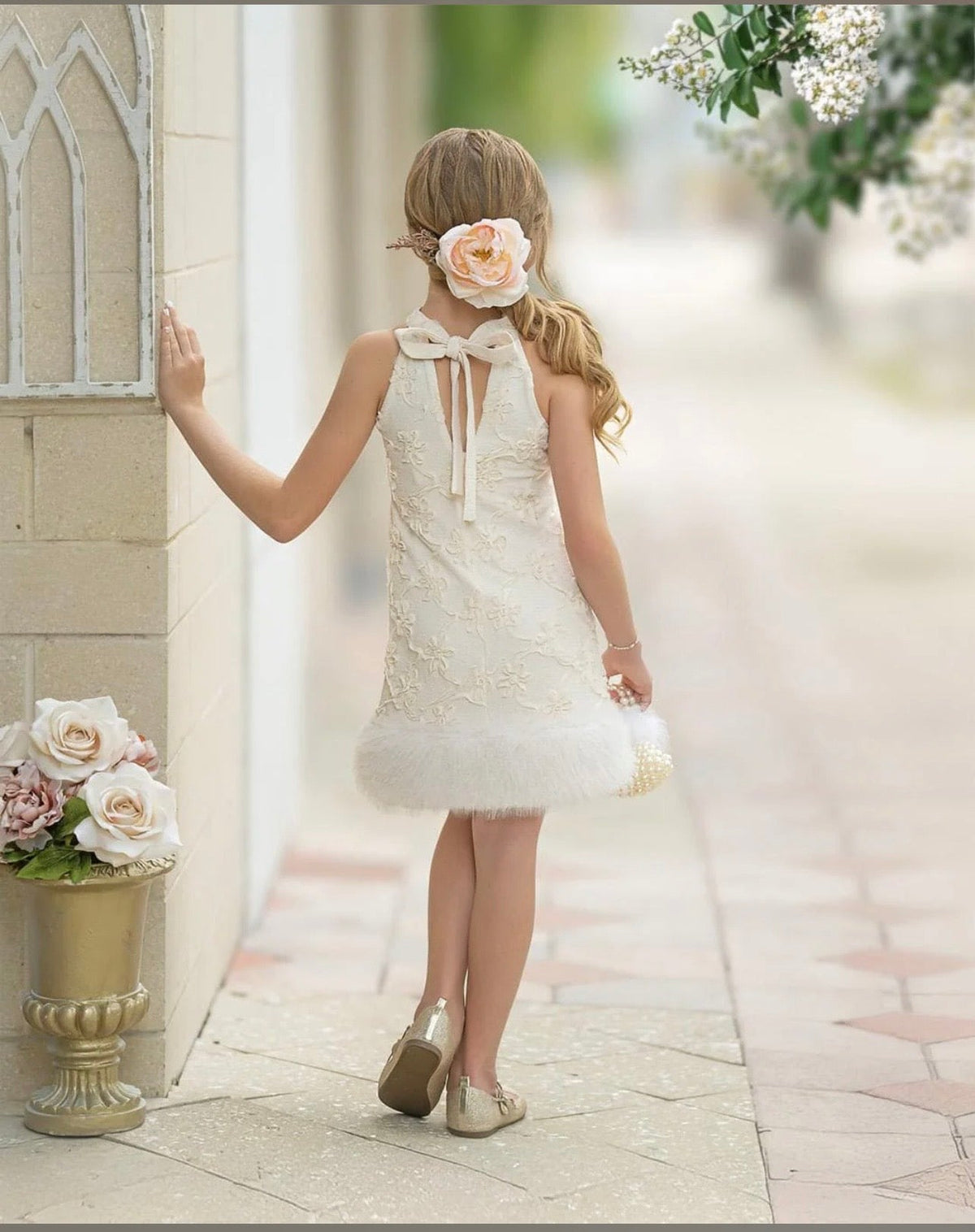 Ava Girls’ Ivory Floral Halter Dress with Bow Back