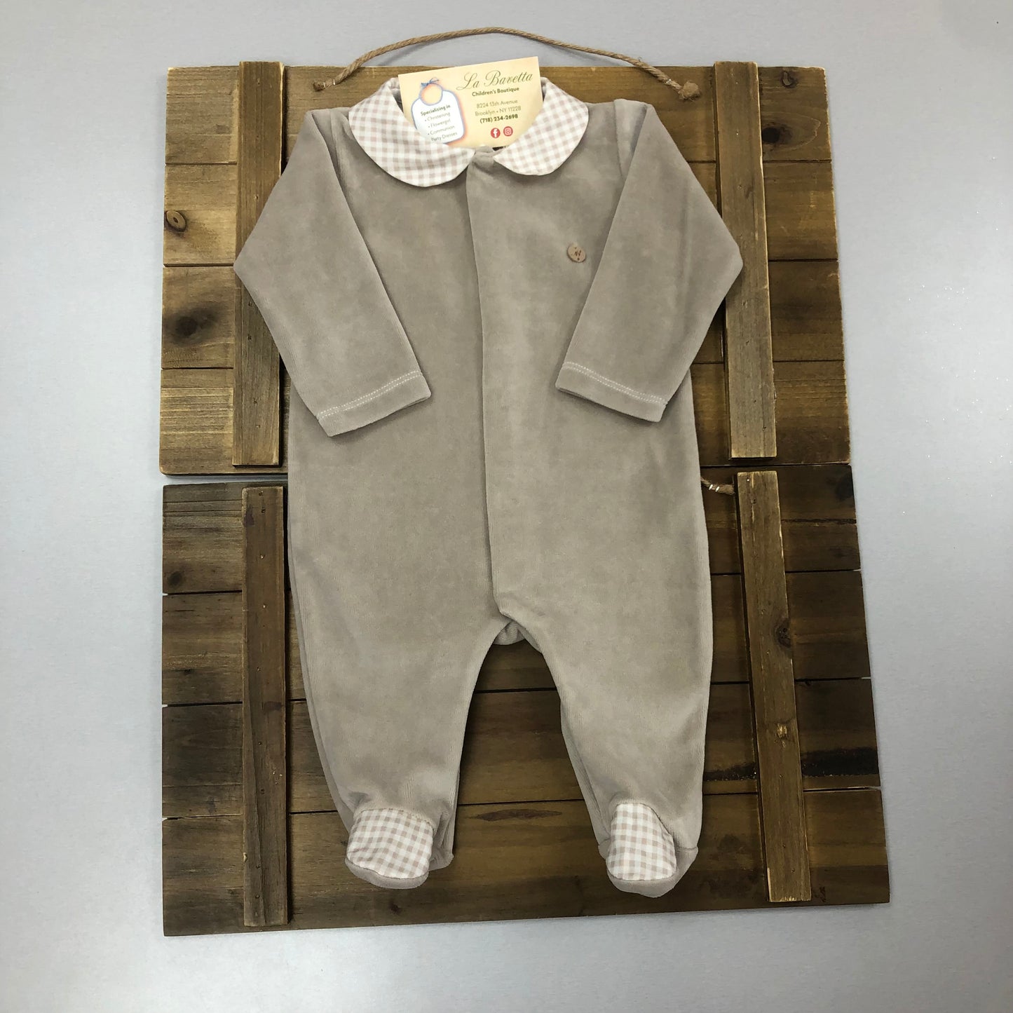 one piece baby boy Velour Onsie/Romper with checkered collar