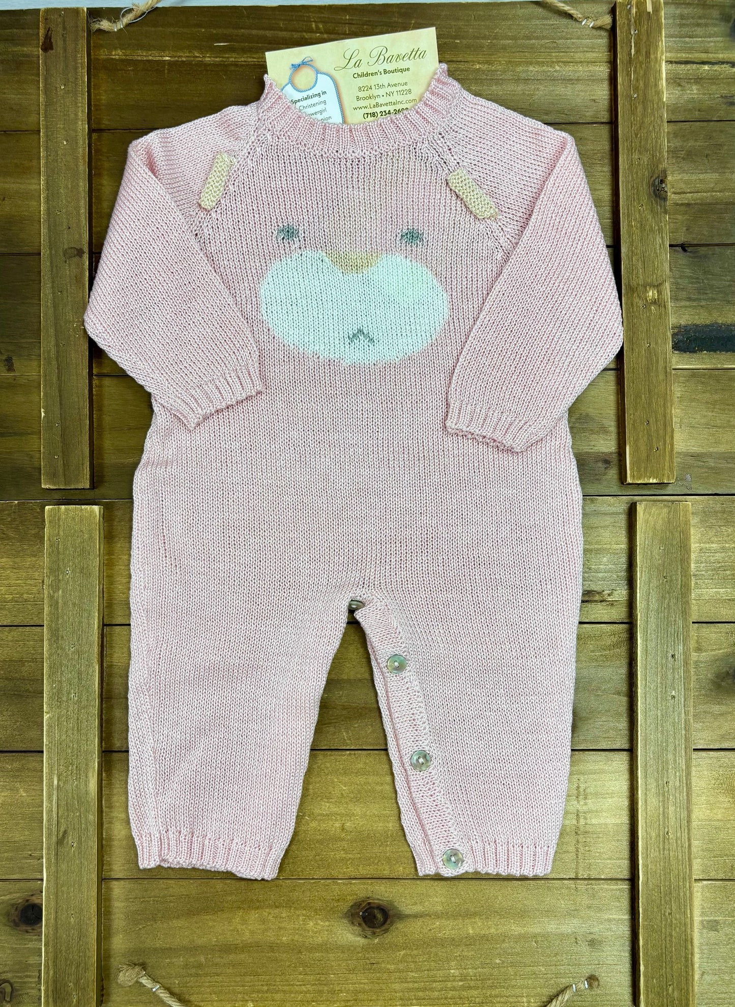 Pink Knit Baby Romper & Hat Set with Baby Bear Motif