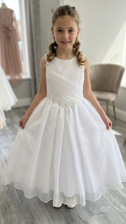 White Organza First Communion Dress with Pearl Waist Detail