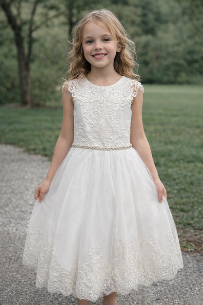 White Lace & Tulle Flower Girl Dress with Crystal Belt