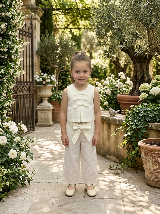 Girls Ivory Linen Bow Top & Embroidered Wide-Leg Pants Set