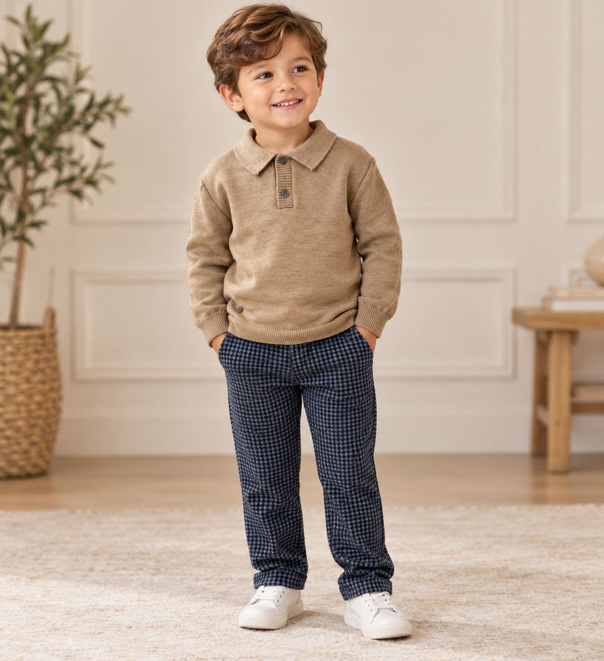 Boys’ Beige Knit Polo & Navy Check Pants Outfit
