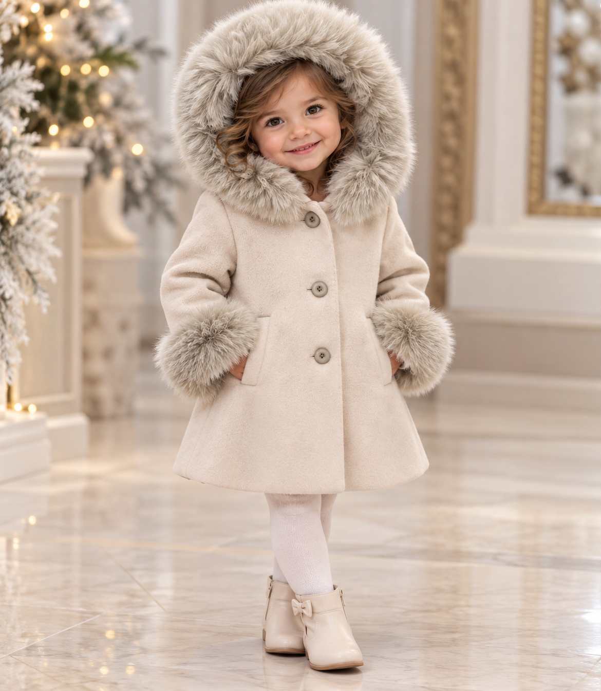 Girls' Cream Hooded Coat with Faux-Fur Trim Made In Italy
