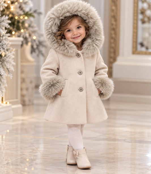 Girls' Cream Hooded Coat with Faux-Fur Trim Made In Italy