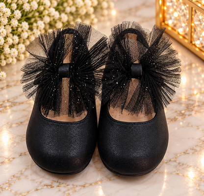 Girls’ Black Shimmer Dress Shoes with Oversized Mesh Bows Ruthie