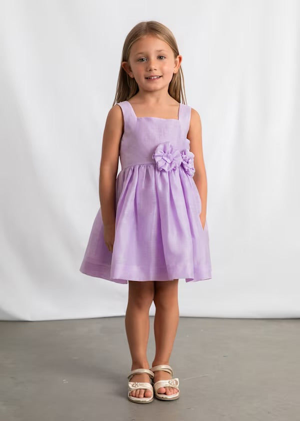 Girls Lavender Floral Linen Rosette Dress