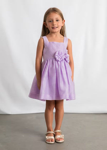 Girls Lavender Floral Linen Rosette Dress