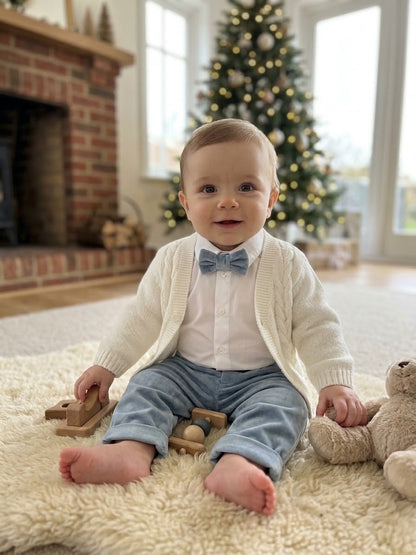 Close view of baby in ivory knit cardigan with blue buttons and light blue velvet trousers