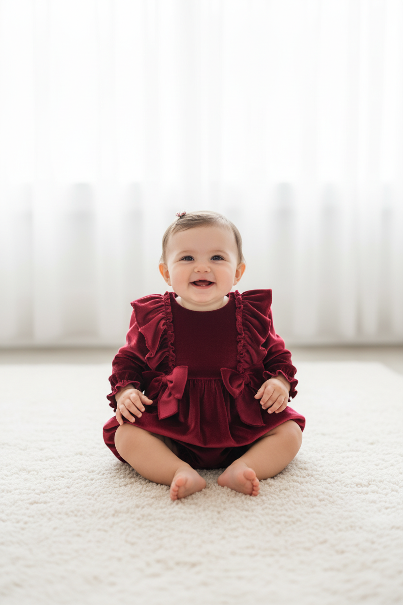 Elegant Red  velour Ruffle Romper Made in Italy Bimbalo