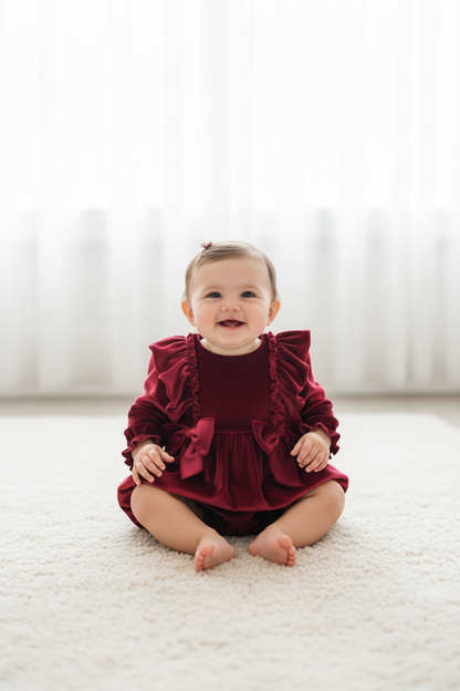 Elegant Red  velour Ruffle Romper Made in Italy Bimbalo