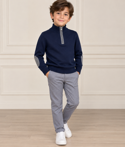 Boys' Half-Zip Sweater with Elbow Patches & Houndstooth Trousers Set
