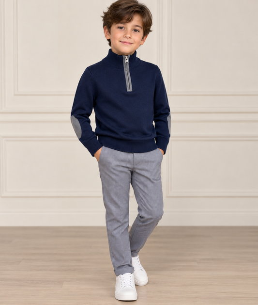 Boys' Half-Zip Sweater with Elbow Patches & Houndstooth Trousers Set