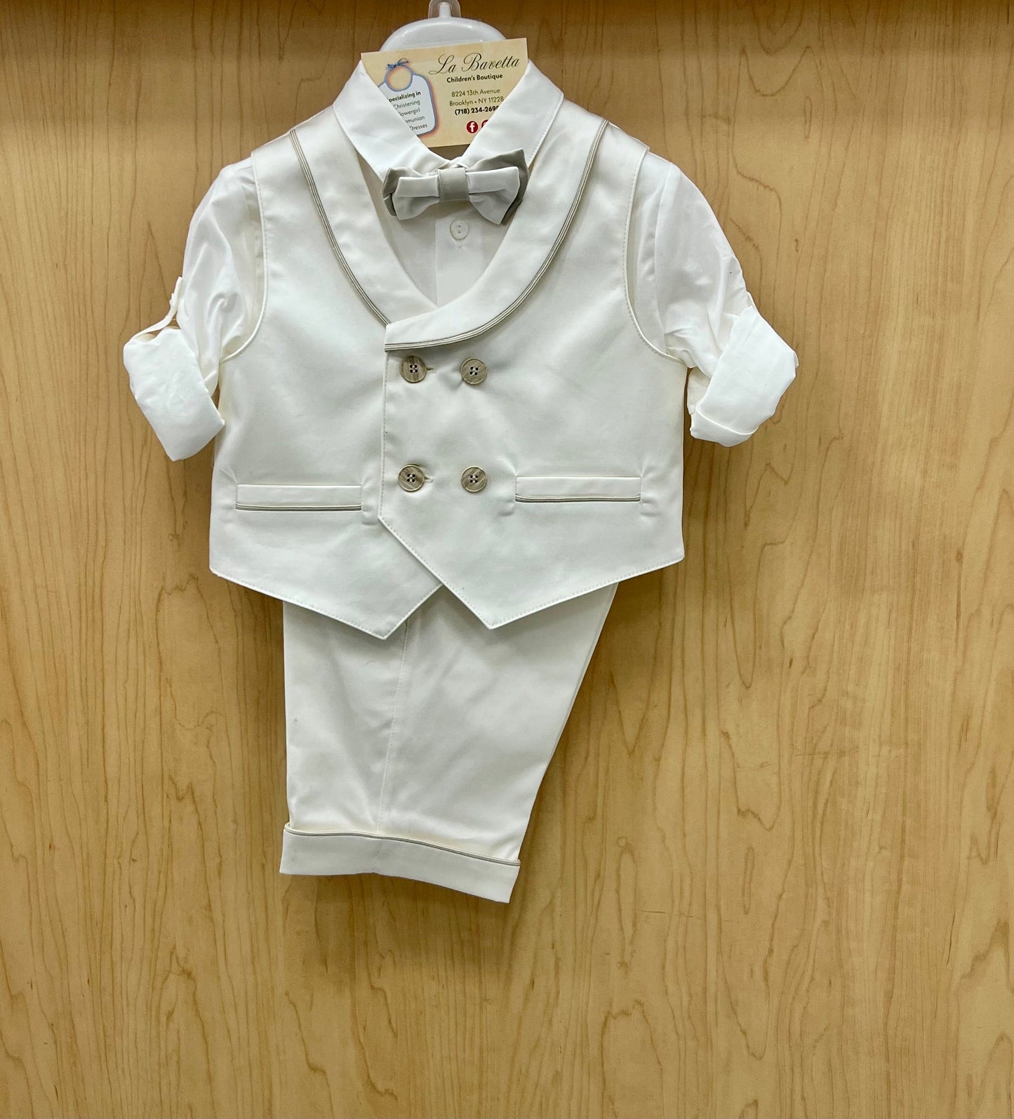 Boy’s light Ivory Double-Breasted Vest shorts christening Set Made In Italy