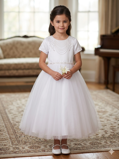 Pearl Grace First Communion Dress — Satin & Tulle Gown with Pearl Bodice