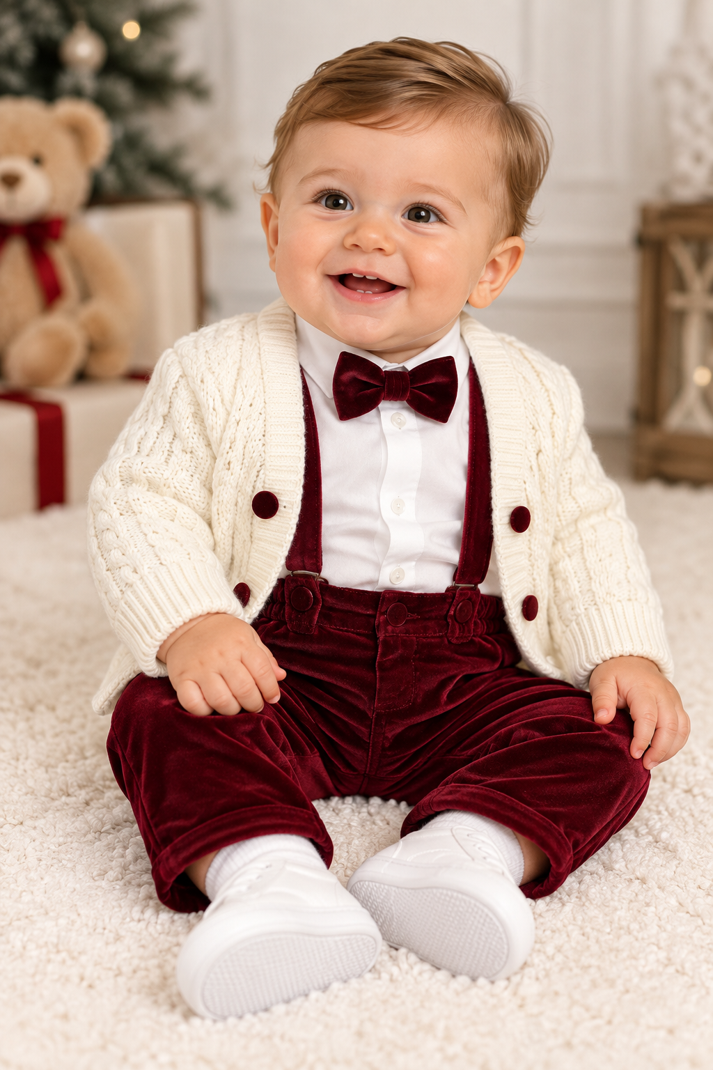 Close-up of baby in ivory cardigan, white shirt, burgundy bow tie, suspenders and velvet trousers