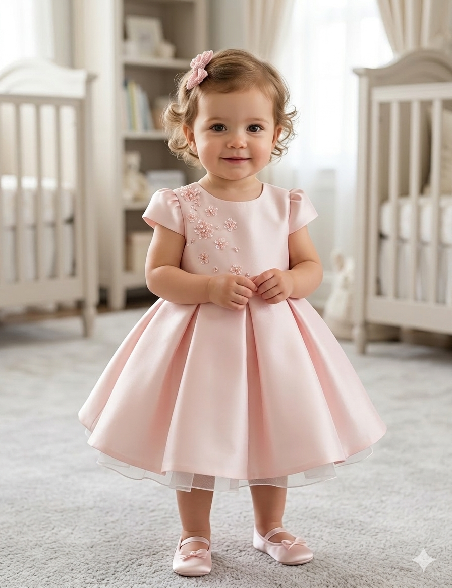 Pink Embellished W/Flower Detailed Girls Dress