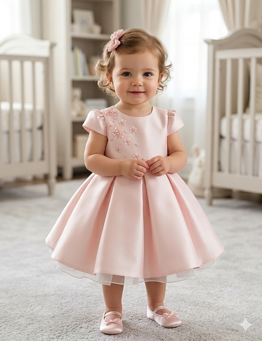 Pink Embellished W/Flower Detailed Girls Dress