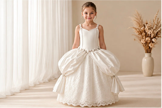 Sabrina - Girls’ Silk Floral-Trim Lace communion Gown with Draped Skirt