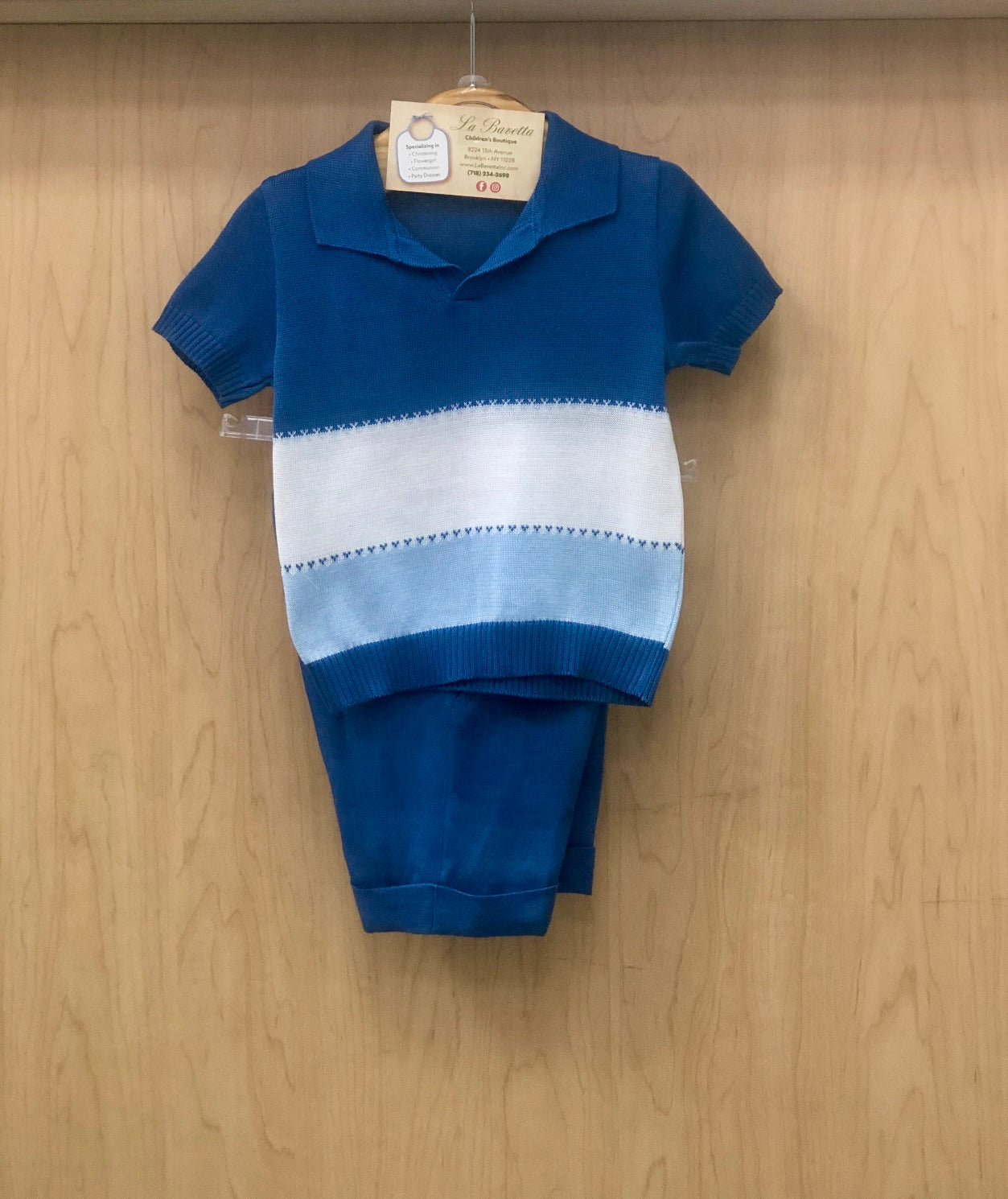 Boys linen/ cotton 2pc Blue and white shorts set made in Italy