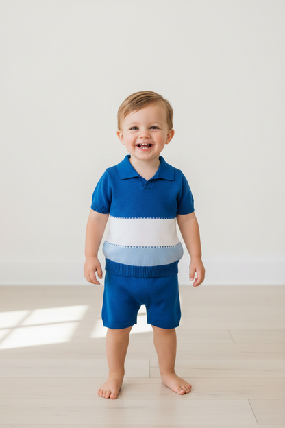 Boys linen/ cotton 2pc Blue and white shorts set made in Italy