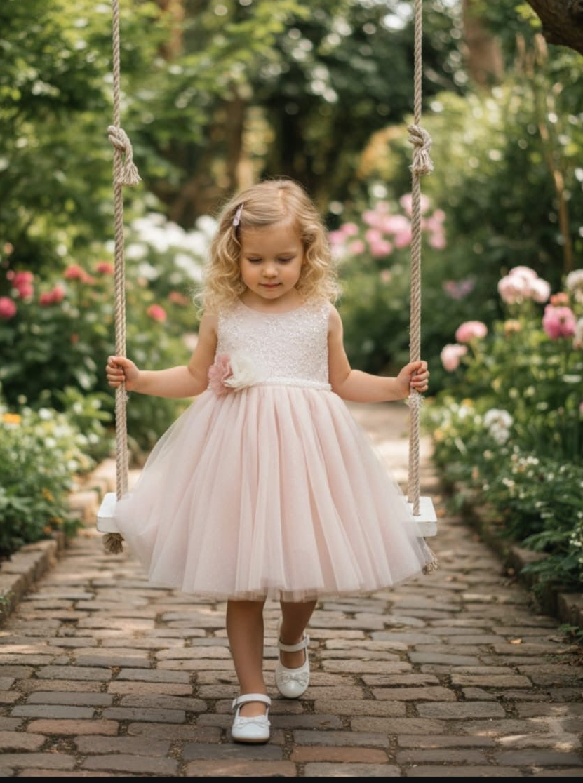 Pink Pearl Lace Baby Dress with Bow & Headband