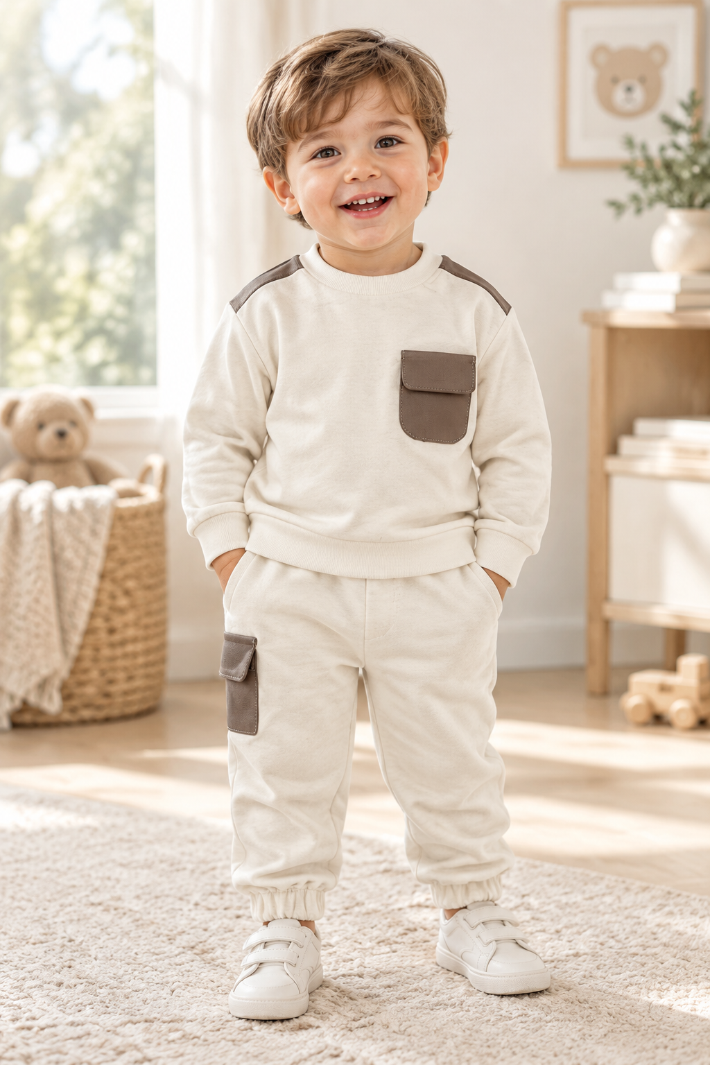 Cream Two-Piece Pocket Top & Jogger Set