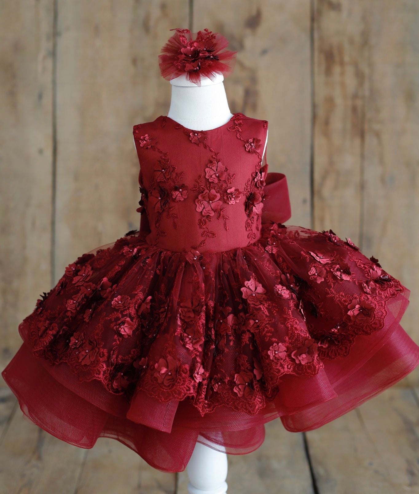 Eve burgundy 3D flower Holiday Dress