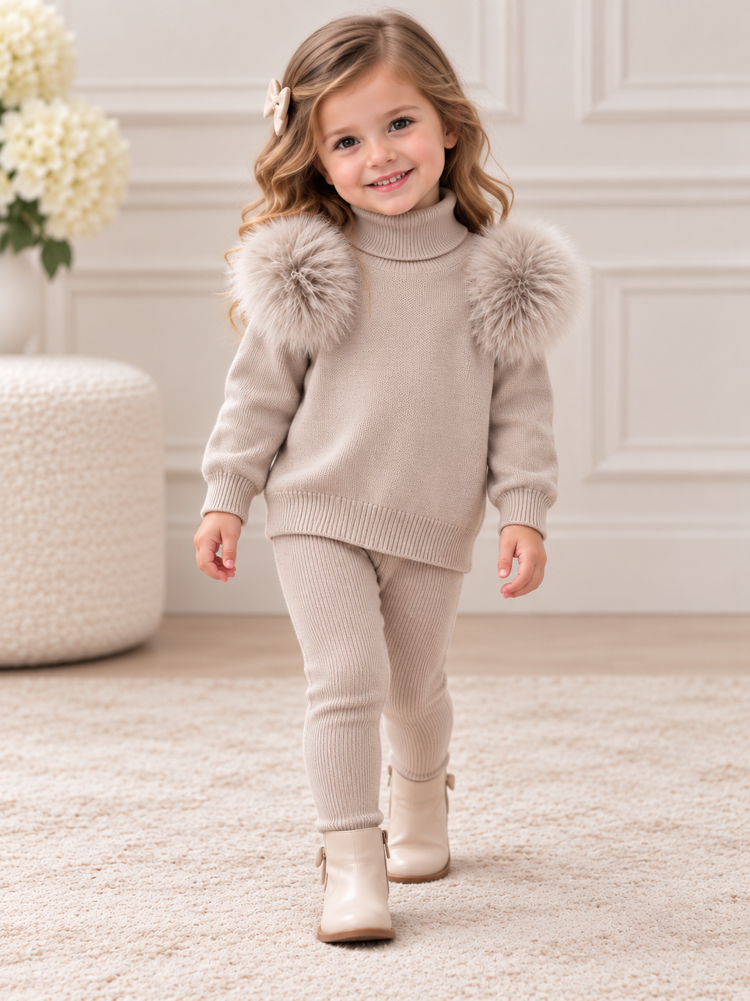 Girls' Faux Fur Pom-Pom Turtleneck Sweater & Ribbed Leggings Knit Set – Beige Made In Italy