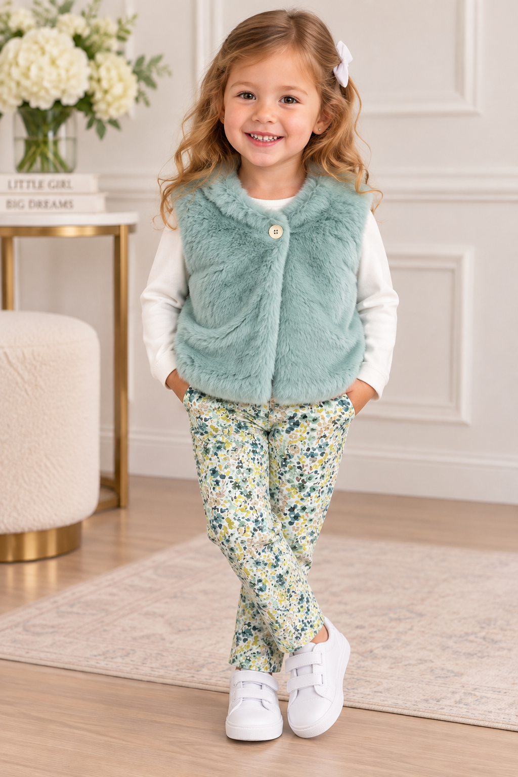 Girls 3-Piece Faux Fur Vest, Butterfly Tee & Floral Pants Set