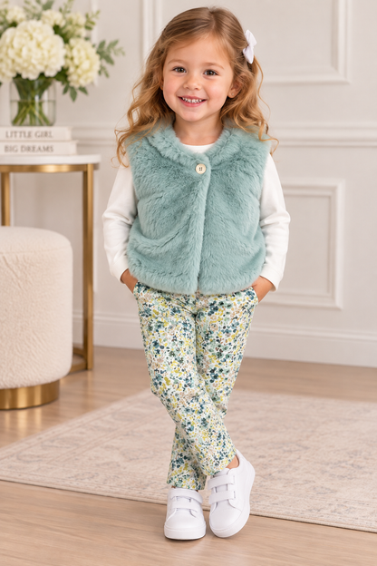 Girls 3-Piece Faux Fur Vest, Butterfly Tee & Floral Pants Set