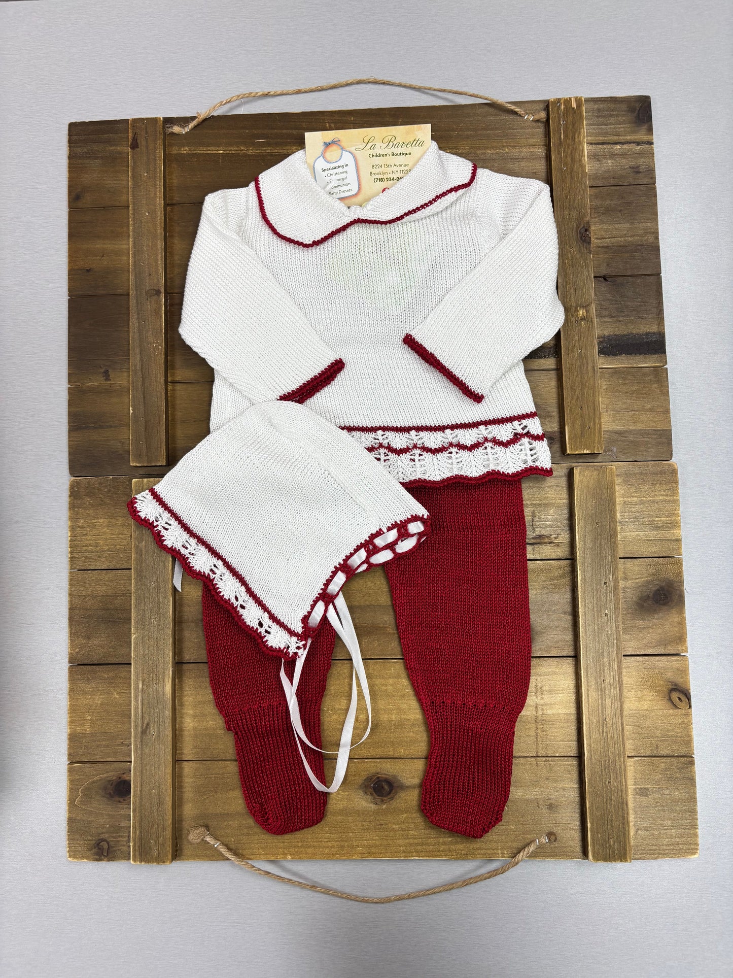 Baby Knit 3-Piece Set – White & Burgundy