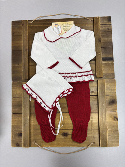 Baby Knit 3-Piece Set – White & Burgundy