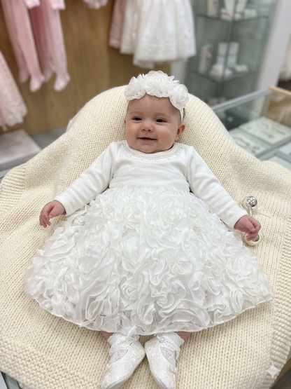 White Rosette Dress  Baby Christening Gown
