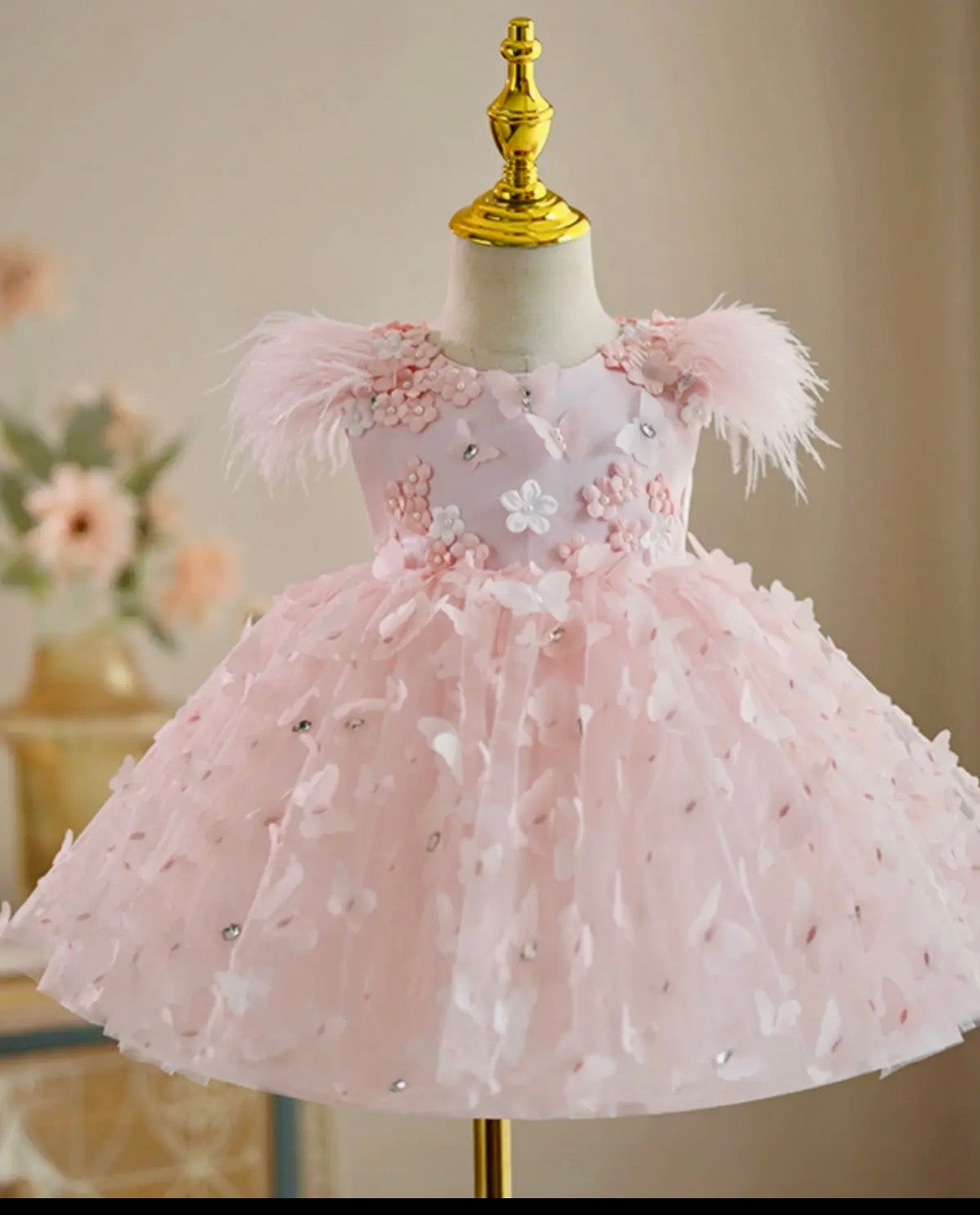 Petal Dream 1st Birthday Dress – Pink Feather & Floral Baby Girl Gown