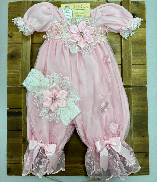 Pink Lace Baby Romper Set with Headband Angela